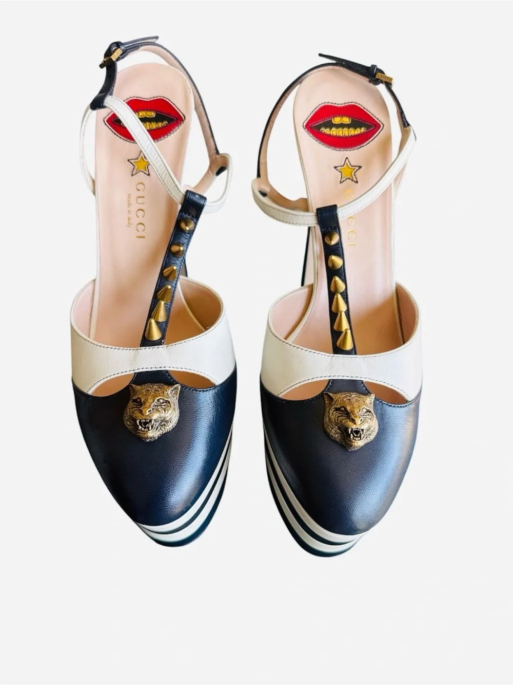 Gucci Spiked Angel Platform Pumps In Navy & Ivory From Spring 2016 EU40.5/US10.5 - Picture 3 of 15